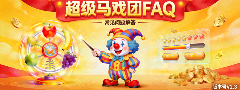 超级马戏团FAQ页面主横幅 - 展示小丑、水果、金币和游戏界面元素