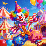 超级马戏团游戏中的经典小丑角色形象，红鼻子，彩色卷发，穿着夸张的服装