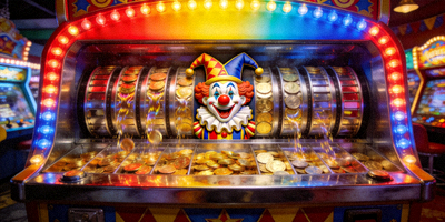 超级马戏团实体机台全景，展示彩色灯光、推币轨道和中央小丑图案