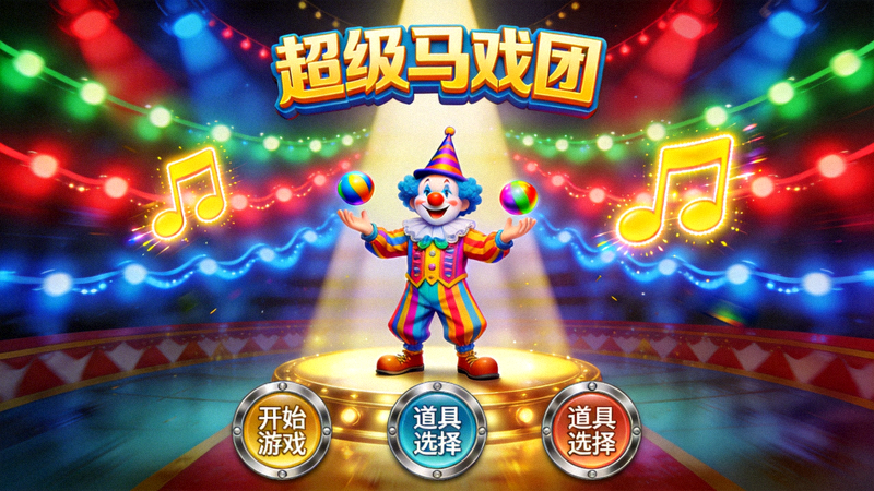 超级马戏团游戏界面截图，展示小丑在聚光灯下准备抛接球的瞬间，背景有闪烁的彩灯和跳动的音符