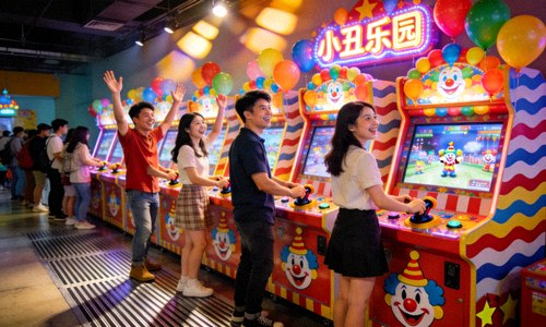 互动小丑电子游艺机台，展示多人同时游戏的欢乐场景