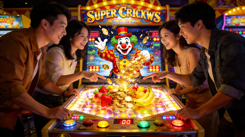 四名玩家在超级马戏团游戏机前进行团队合作，屏幕中央小丑正在抛洒大量金币和水果奖励