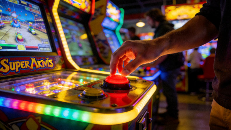 玩家在游戏厅操作超级马戏团实体机，手指正悬停在红色按钮上方，准备按下