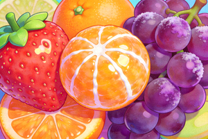 游戏内水果图案特写，包括草莓、橙子、葡萄等