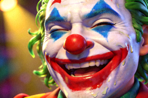 游戏内小丑角色特写，表情夸张有趣