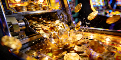 游戏特写镜头，展示大量游戏币从推币机中涌出的瞬间